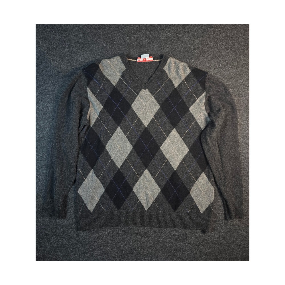 Vintage 90s Luigi Baldo Cashmere Silk Argyle V-Neck Sweater Charcoal Size XL
